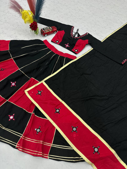 RangBhoomi Navratri Special Pure Cotton Lehenga Choli with Heavy Mirror & Gotapatti Work (Full-Stitched, 6m Flair)