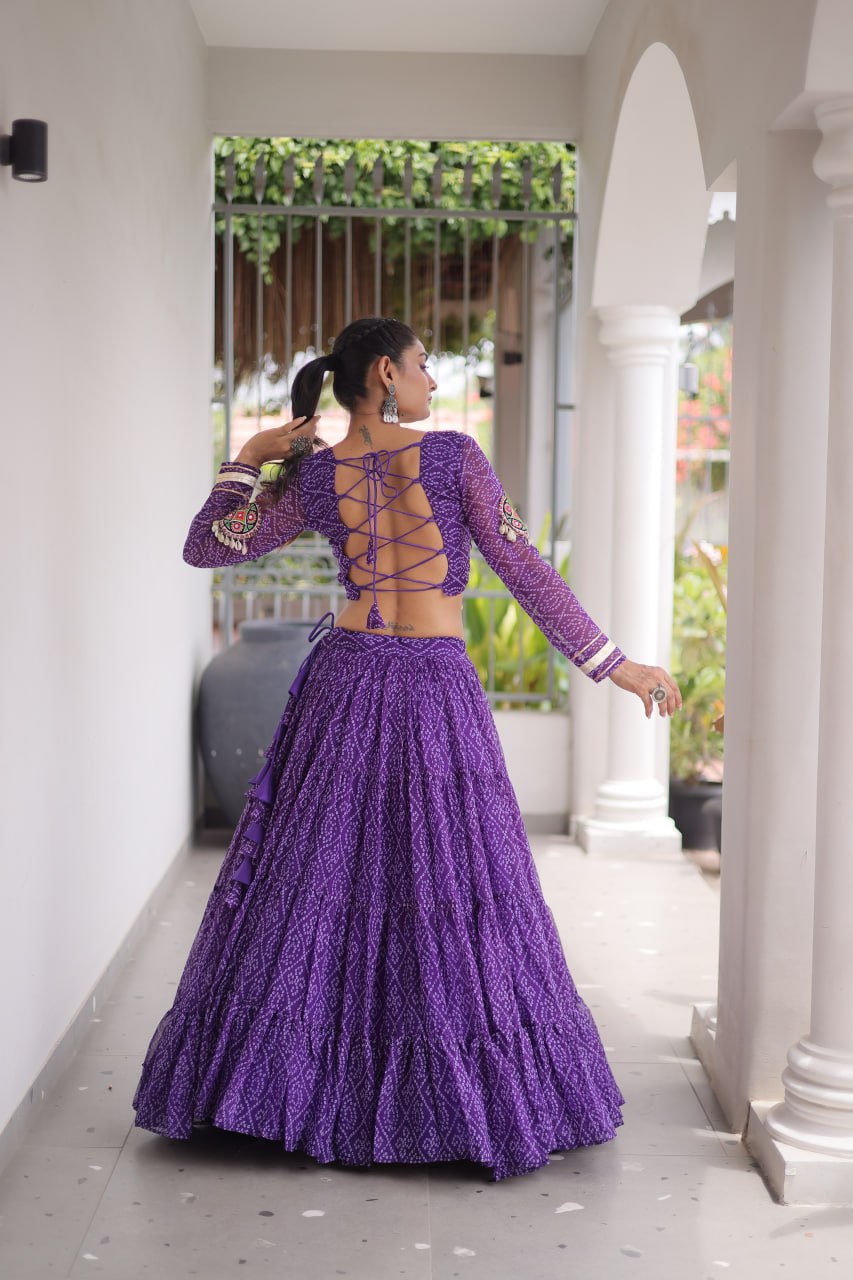 RangBhoomi Bandhni Faux Georgette Full-Stitched Lehenga Set with Designer Square Neck Blouse