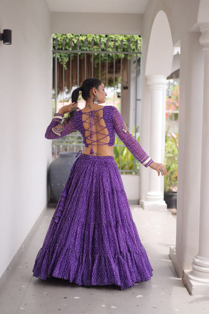 RangBhoomi Bandhni Faux Georgette Full-Stitched Lehenga Set with Designer Square Neck Blouse