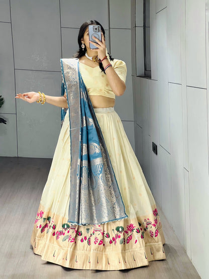 Exquisite Paithani Silk Lehenga with Vibrant Colorful Motifs, Iconic Gold Zari Border, and Signature Satin Silk Dupatta