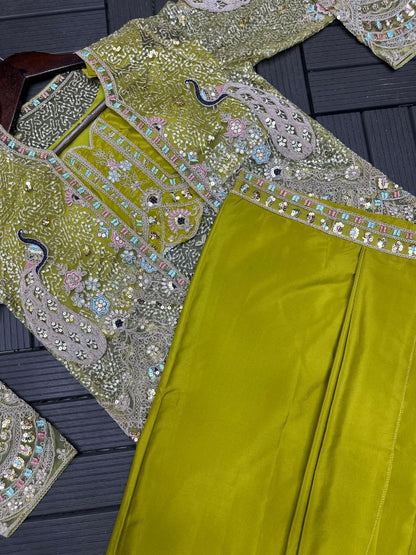Trendy Party Wear Satin Lehenga with Embroidered Belt and Stylish Net Koti