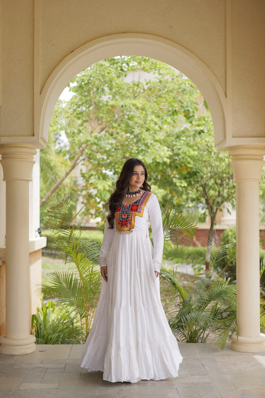 RangBhoomi Navratri Gown Collection 2026 — Wine, Rama & White Embroidered Mirror Work Gown
