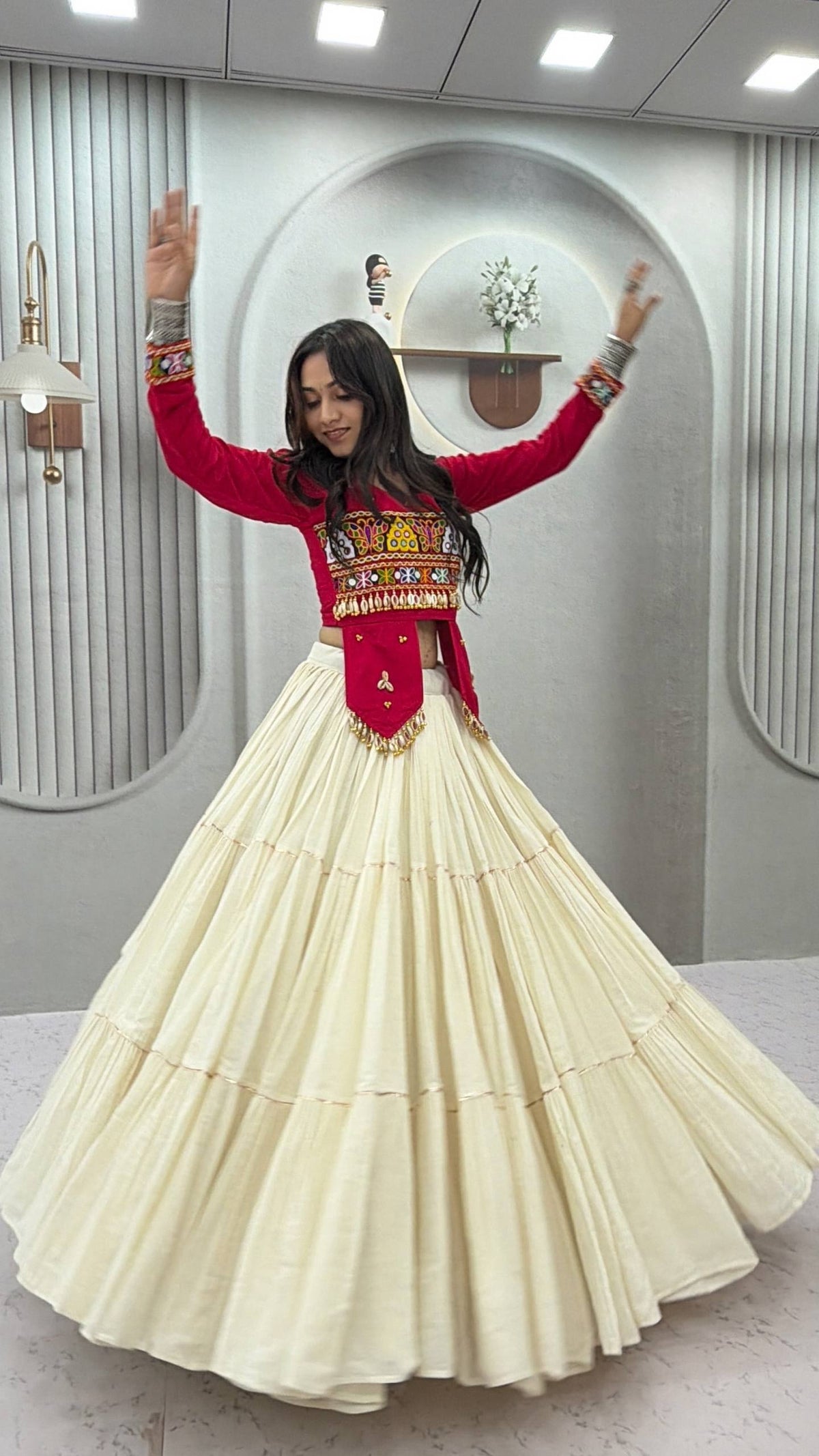 RangBhoomi Navratri Hand-Work 9m Flair Lehenga Choli - Pure Cotton Top & Kora Cotton Skirt