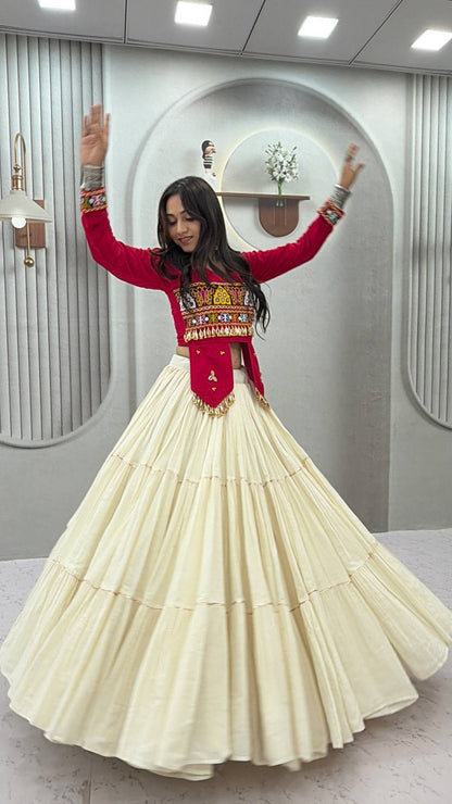RangBhoomi Navratri Hand-Work 9m Flair Lehenga Choli - Pure Cotton Top & Kora Cotton Skirt