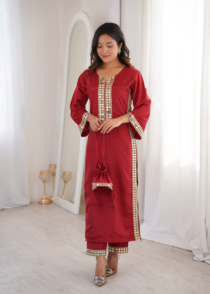 Ready-to-Wear Kurti and Pants Set with Decorative Mirror Work Purse