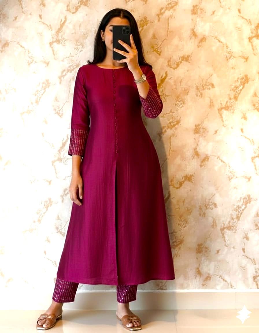 Elegant A-line Kurta Set in Luxurious Blooming Vichitra Silk