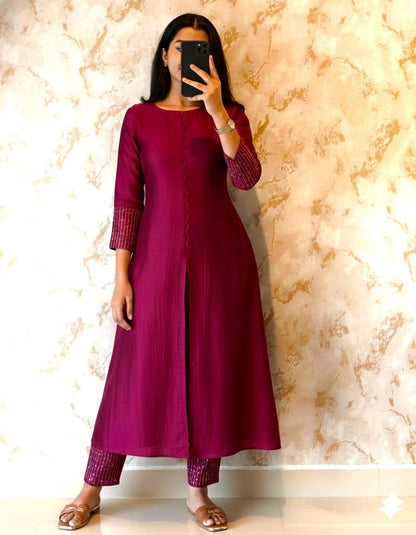 Elegant A-line Kurta Set in Luxurious Blooming Vichitra Silk
