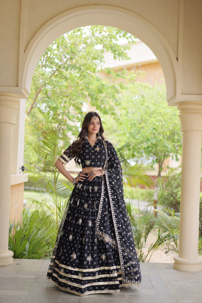 RangBhoomi Four-Color Faux Georgette Bandhej Lehenga Choli Set with Dupatta