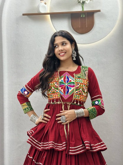 RangBhoomi Navratri Special Gamathi Work 9m Flair Pure Cotton Lehenga Choli - Fully Stitched
