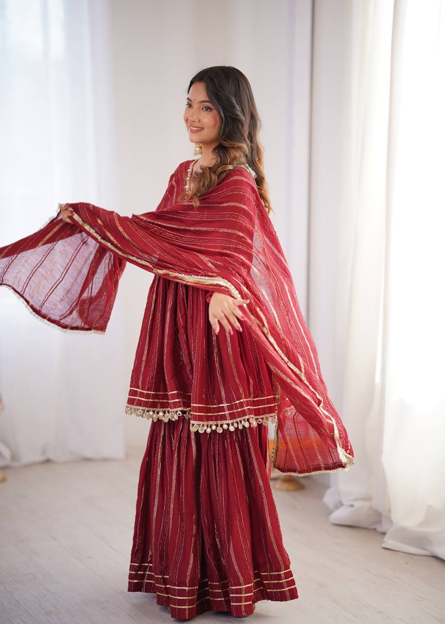Elegant Women's Ethnic Ensemble with Real Mirror and Handwork – Ready-to-Wear Mal Chanderi Set with Sharara Palazzo and Mirror Lace Dupatta