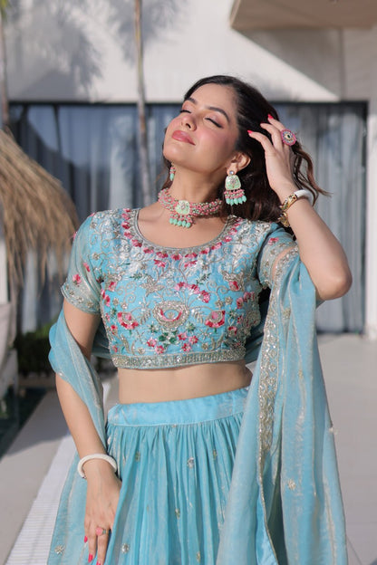 Elegant Lehenga Choli and Dupatta Ensemble in Fendi Silk with Multi-Thread Embroidery