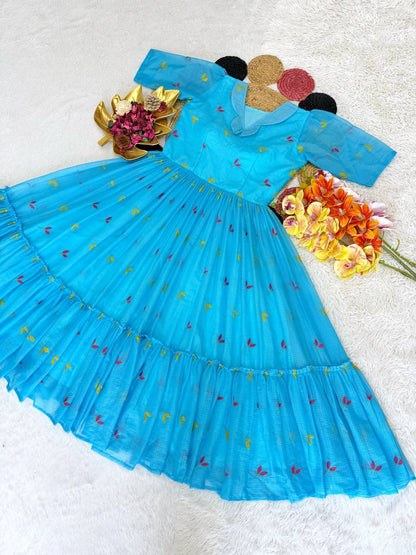 RangBhoomi Summer Floral Embroidered Kota Checks Midi Gown - Soft Kota, Micro Cotton Lining