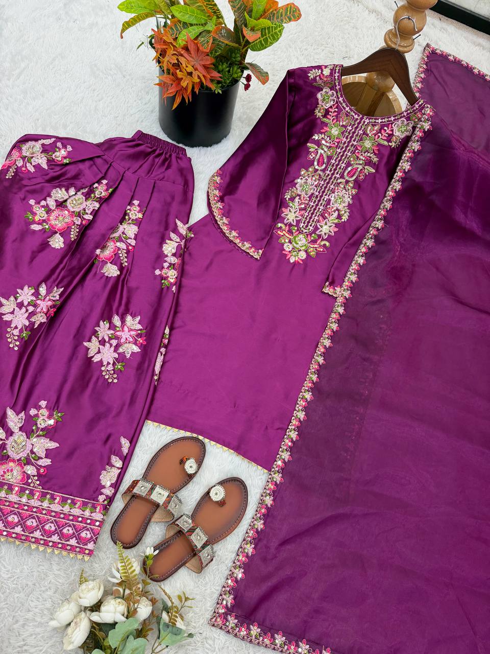 RangBhoomi Women's Premium Ethnic French Crepe Ensemble with Embroidered Thread Work, Full Sleeve Top, Farshi Pant, and GMY Silk Dupatta