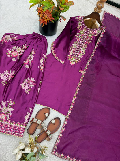 RangBhoomi Women's Premium Ethnic French Crepe Ensemble with Embroidered Thread Work, Full Sleeve Top, Farshi Pant, and GMY Silk Dupatta