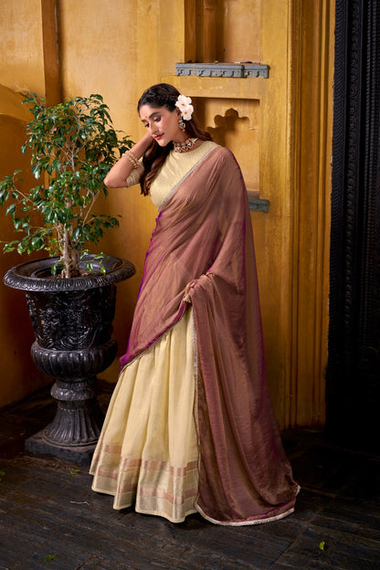RangBhoomi Luxury Dupion Silk Lehenga Set with Zari Weaving and Shimmering Lace Dupatta