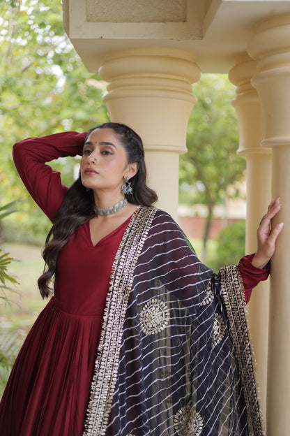 RangBhoomi Navratri Gown & Dupatta Collection 2026 – Full-Sleeve V-Neck Reyon Gown with Georgette Dupatta