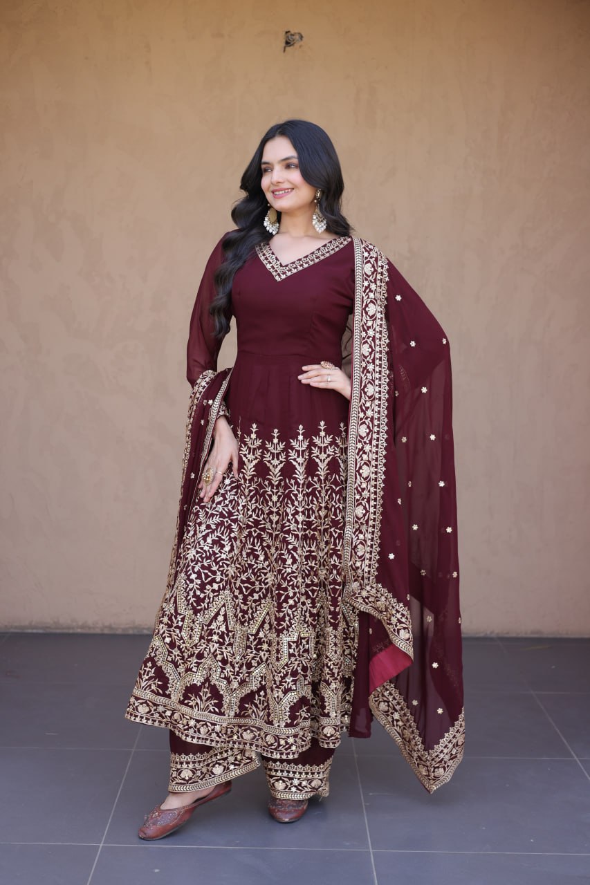 RangBhoomi Premium Readymade Gown with Pant & Dupatta Set - Embroidered Faux Blooming Festive Ensemble