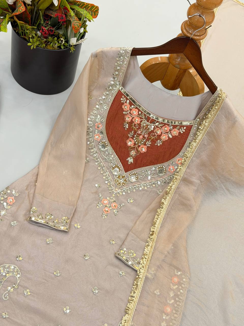 RangBhoomi NC Moss Designer Embroidered Top-Bottom & Dupatta Set — Fully Stitched Ready to Wear