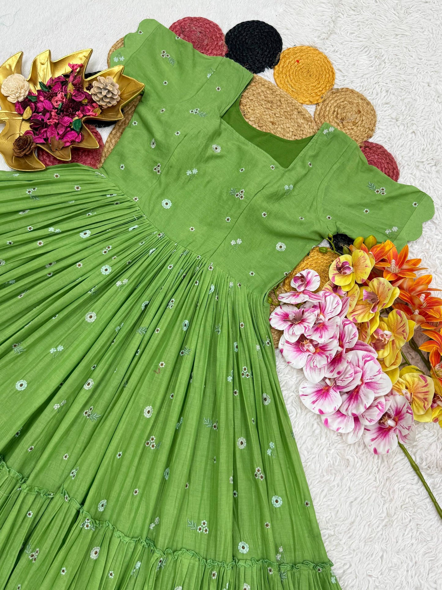 Exclusive Summer Mull Chanderi Gown with Floral Embroidered Thread Work – Elegance and Comfort Perfectly Combined