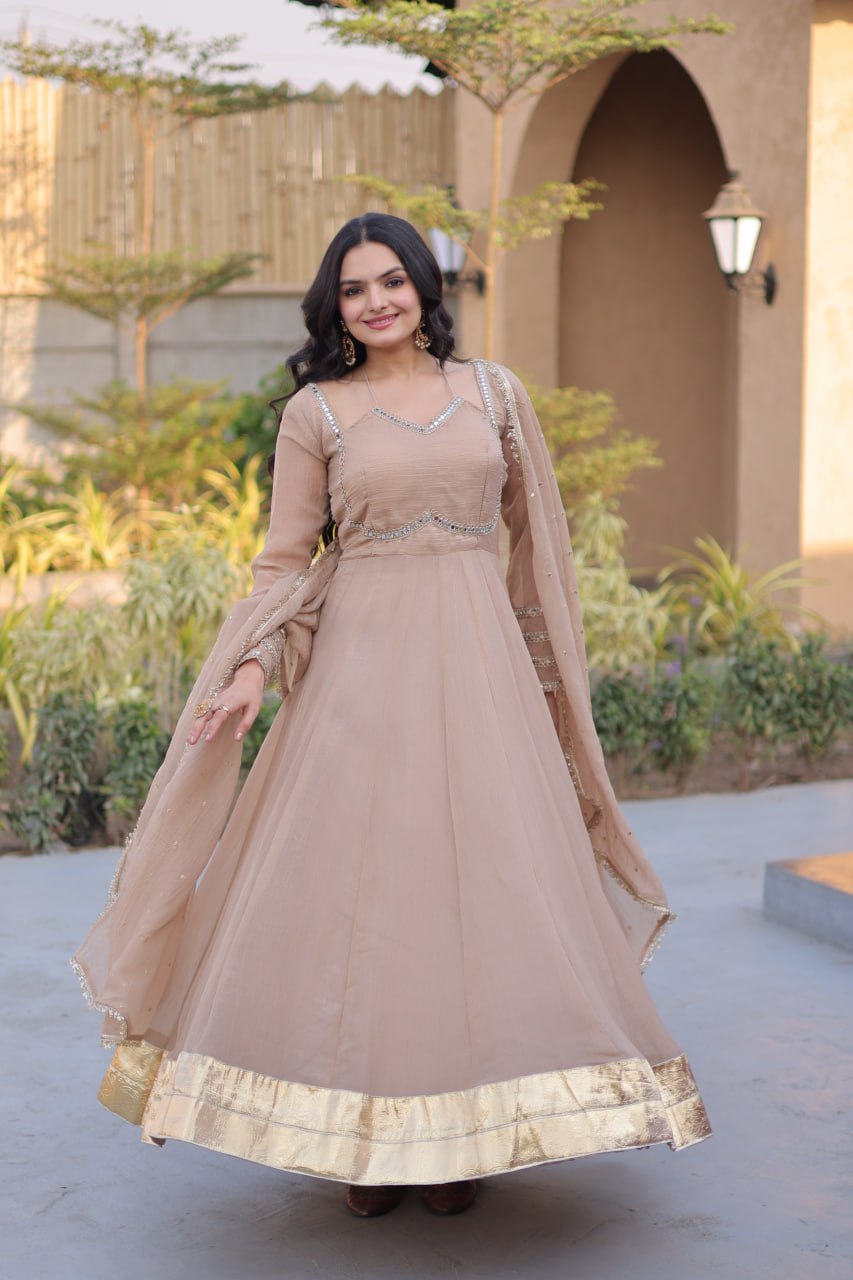 RangBhoomi Silver Mirror Lace Gown with Dupatta - Elegant Occasion Wear