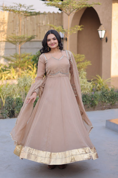 RangBhoomi Silver Mirror Lace Gown with Dupatta - Elegant Occasion Wear