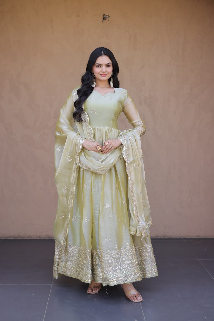 RangBhoomi Fendi Silk Sequined Gown with Dupatta – Elegant Full-Sleeve Designer Set