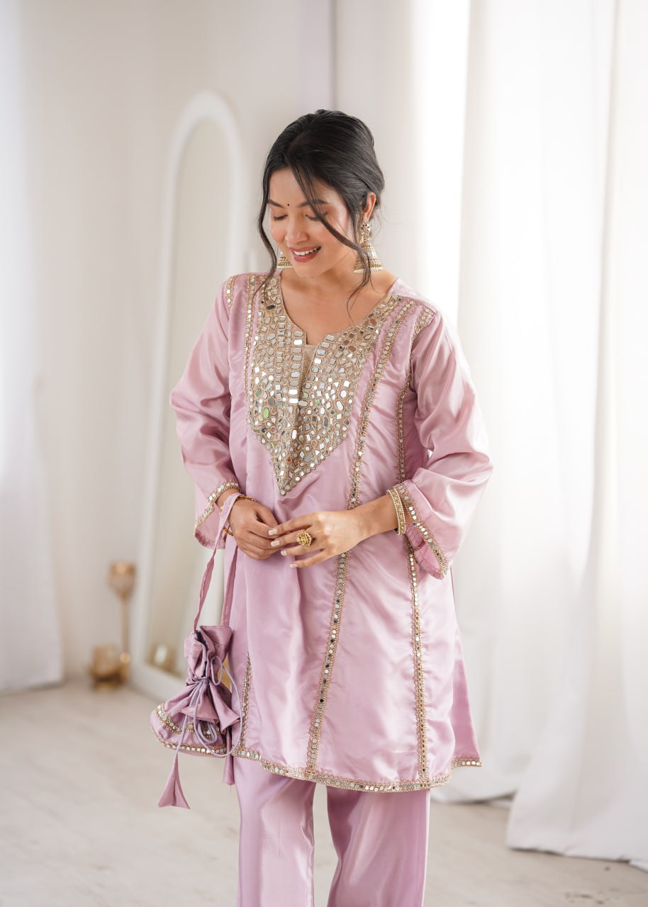 Ready-to-Wear Kurti and Pant Set with Decorative Drawstring Bag - Mirror Embroidered Collection 2026