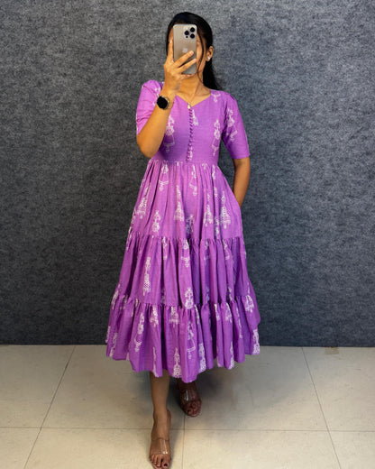 RangBhoomi Exclusive Hand-Block Printed Pure Cotton Warli Art Maxi Gown with Side Pocket
