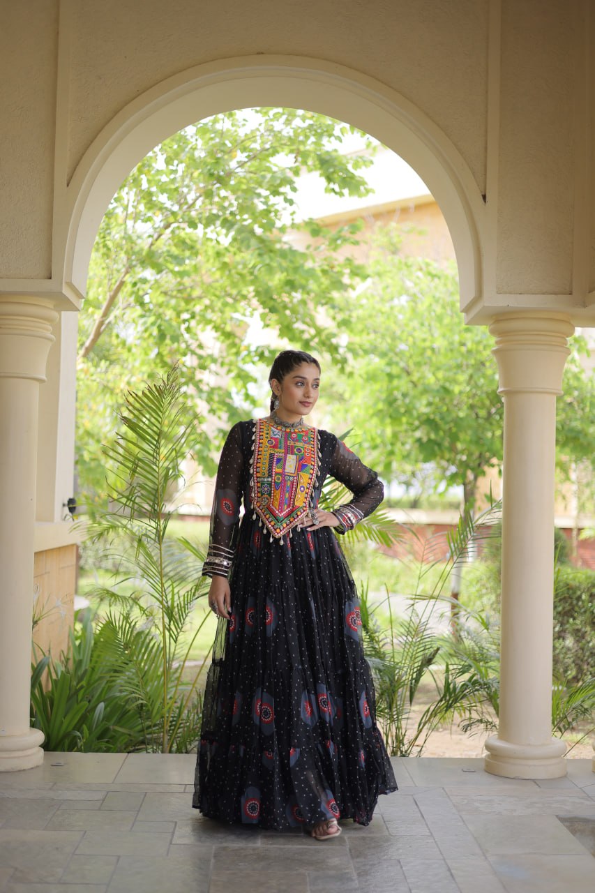 RangBhoomi Bandhani & Kutchi Patchwork Faux Georgette Gown — Navratri Collection 2026