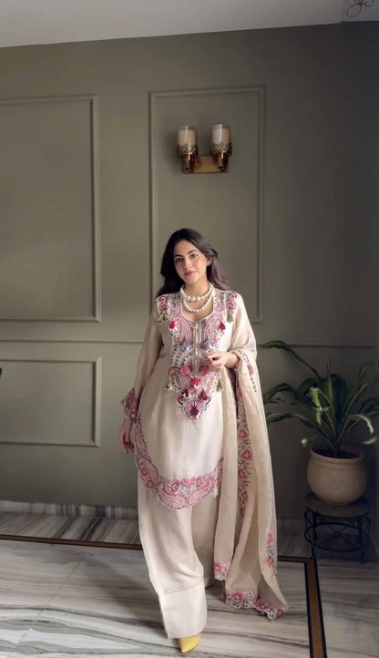 Elegant Women’s Ethnic Ensemble in Premium Heavy Georgette with Embroidered Threadwork, Fully Stitched and Ready to Wear