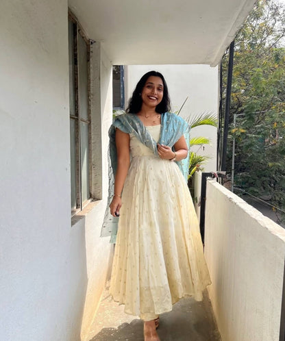 Prisha Creation Embroidered Chonon Silk Gown with Sequins and Fendi Silk Dupatta, Fully Stitched, Sizes M to 2XL