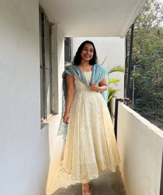 Prisha Creation Embroidered Chonon Silk Gown with Sequins and Fendi Silk Dupatta, Fully Stitched, Sizes M to 2XL