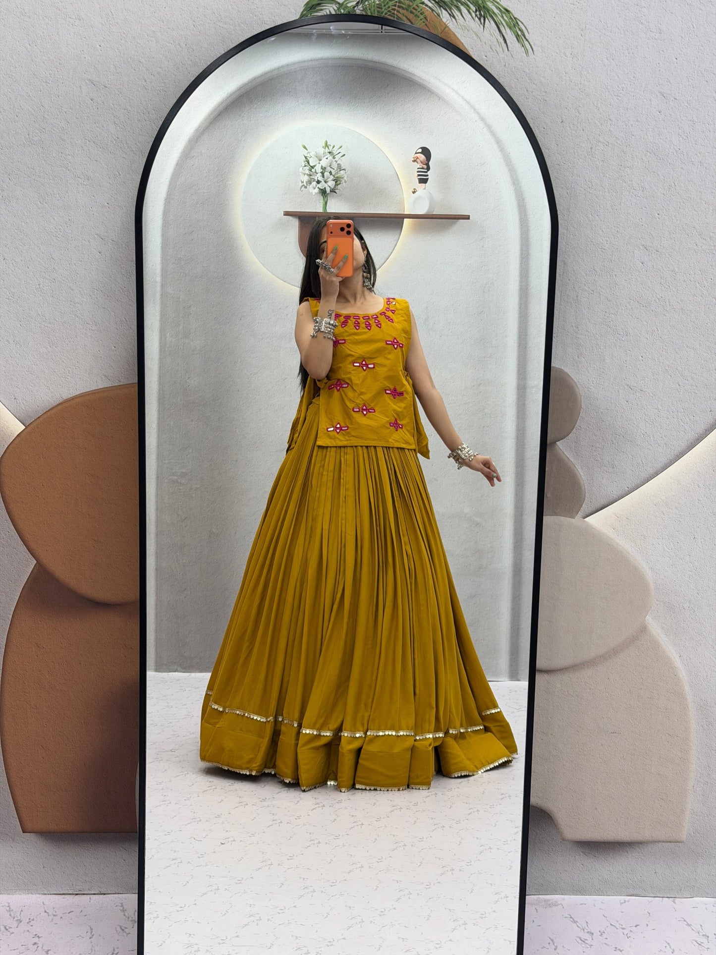 RangBhoomi Navratri Special Rion Cotton Lehenga Choli with Mirror Jacket - Fully Stitched, 6m Flair