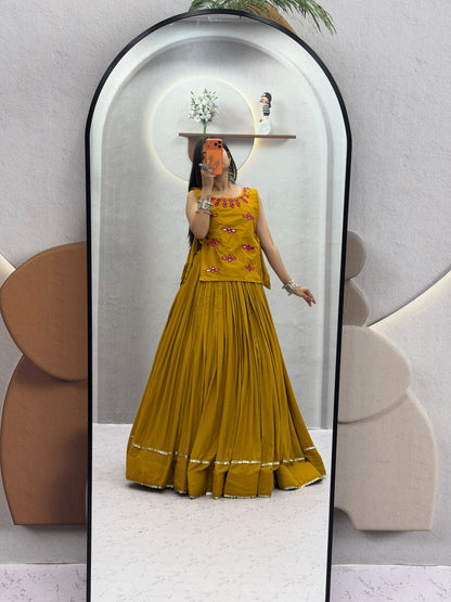 RangBhoomi Navratri Special Rion Cotton Lehenga Choli with Mirror Jacket - Fully Stitched, 6m Flair