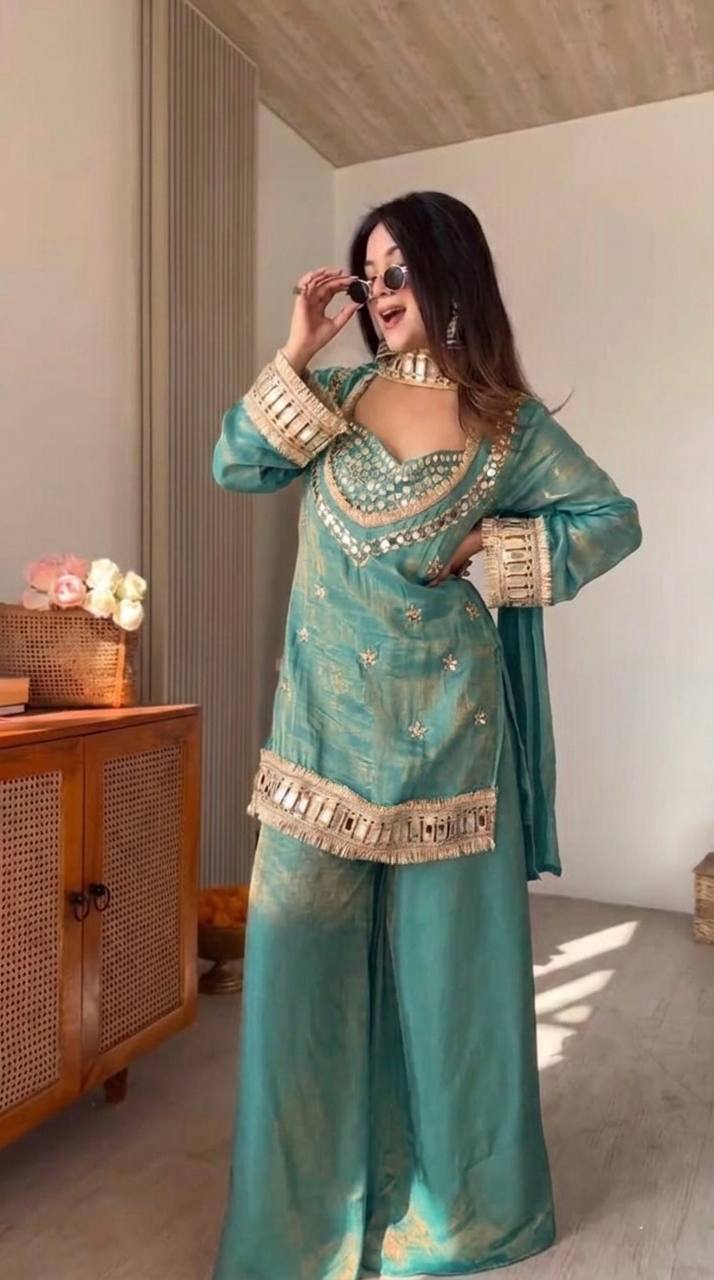 RangBhoomi Women's Fully Stitched Ethnic Wear Set with Fendy Silk and Real Mirror Work