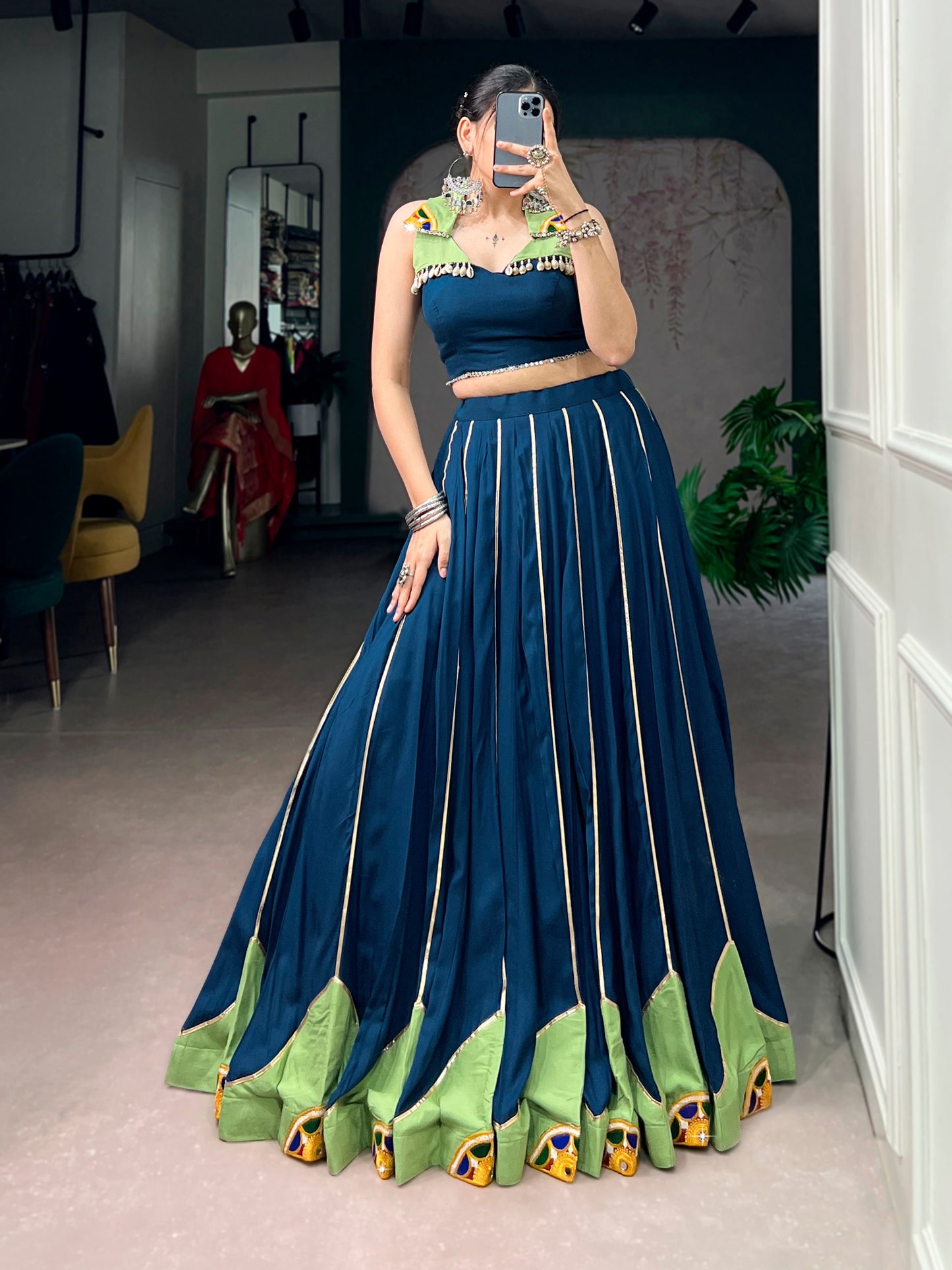 RangBhoomi Navratri 2026 Rayon Lehenga with Gamthi Work, Gota Patti & Mirror Lace