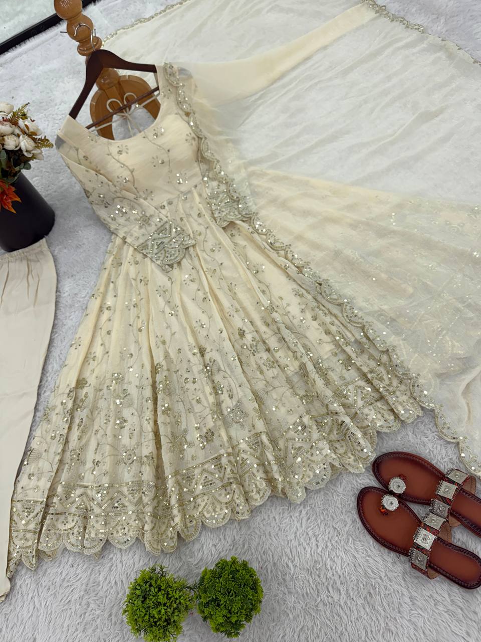 Embroidery Detailed Fully Stitched Ready-to-Wear Gown and Dupatta Set in Crunchy Silk