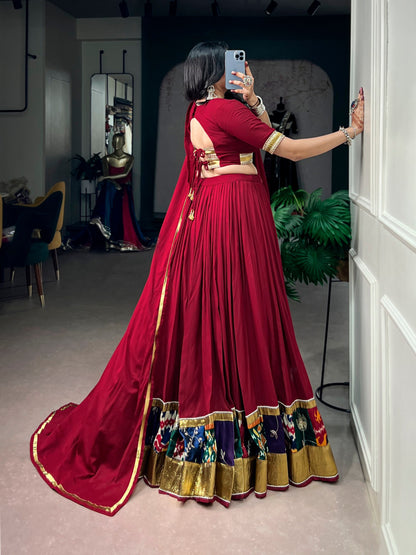 RangBhoomi Navratri Rayon Lehenga — Multicolour Printed Border with Embossed Lace