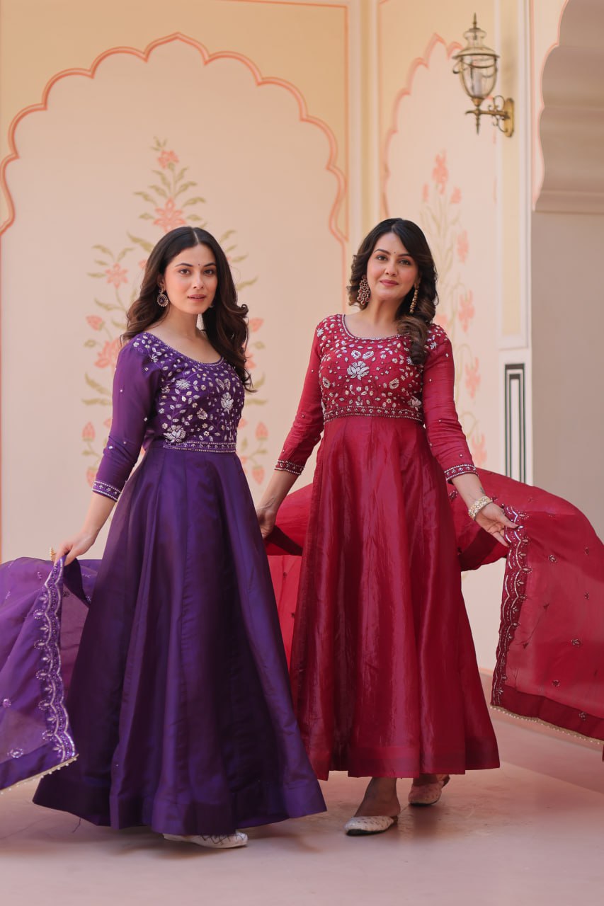 Elegant Gold Crush Embroidered Gown and Designer Dupatta Set