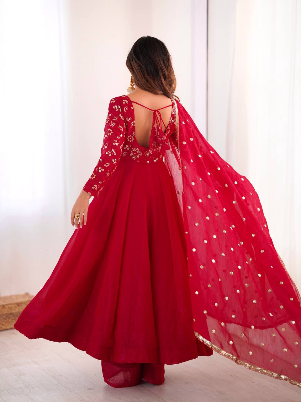 RangBhoomi Women's Elegant Ethnic Wear Set with Silk Gown, Pants, and Embroidered Dupatta