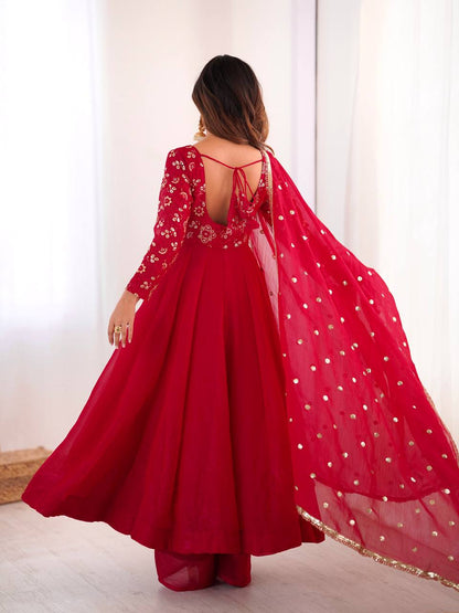 RangBhoomi Women's Elegant Ethnic Wear Set with Silk Gown, Pants, and Embroidered Dupatta