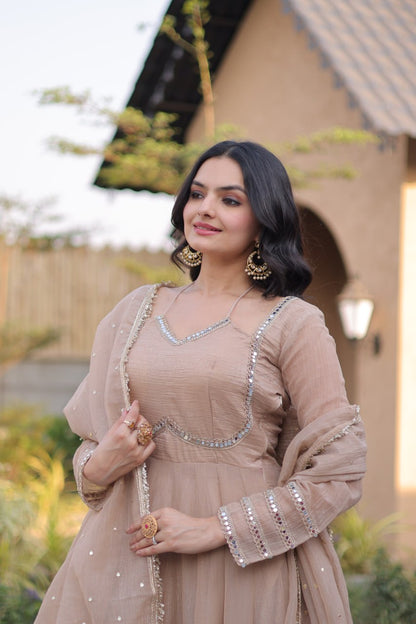 RangBhoomi Silver Mirror Lace Gown with Dupatta - Elegant Occasion Wear