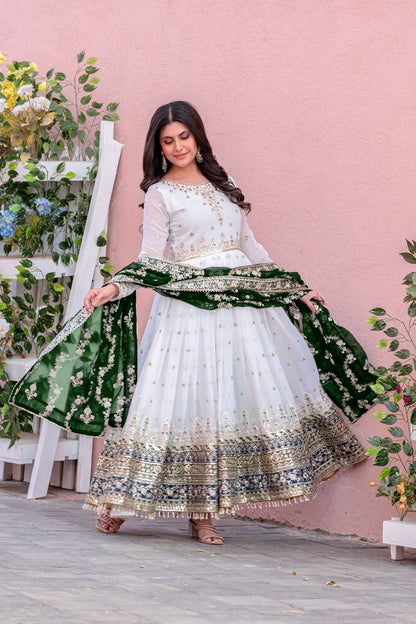 Elegant Party Wear Heavy Faux Georgette Gown with Embroidered Dupatta and Bottom Set