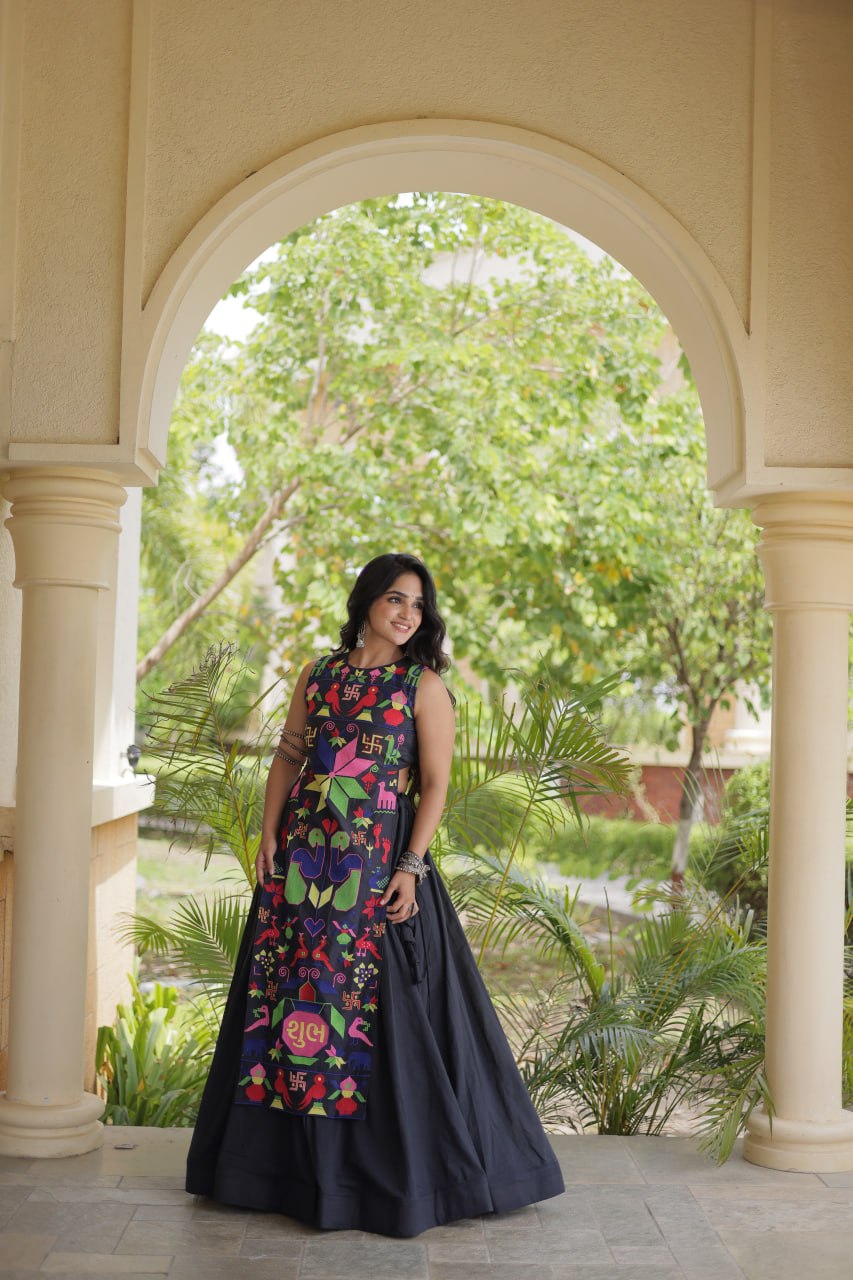 RangBhoomi Navratri Cora Cotton Lehenga Set — Embroidered Cotton Blouse (White & Black)