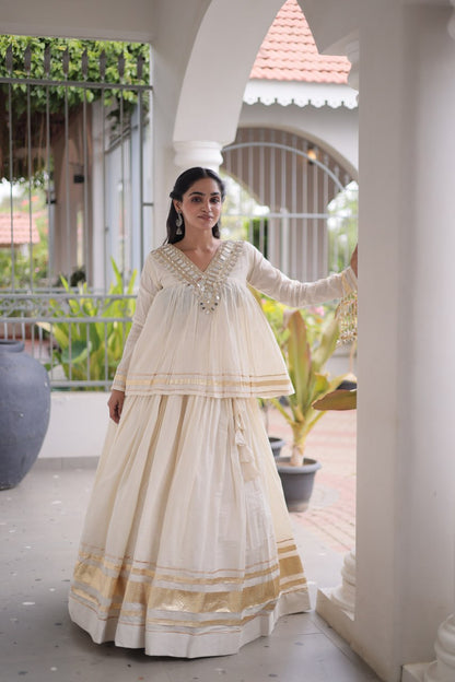 RangBhoomi Navratri Kora Cotton Full-Stitched Lehenga & Blouse Set with Mirror and Gota Work
