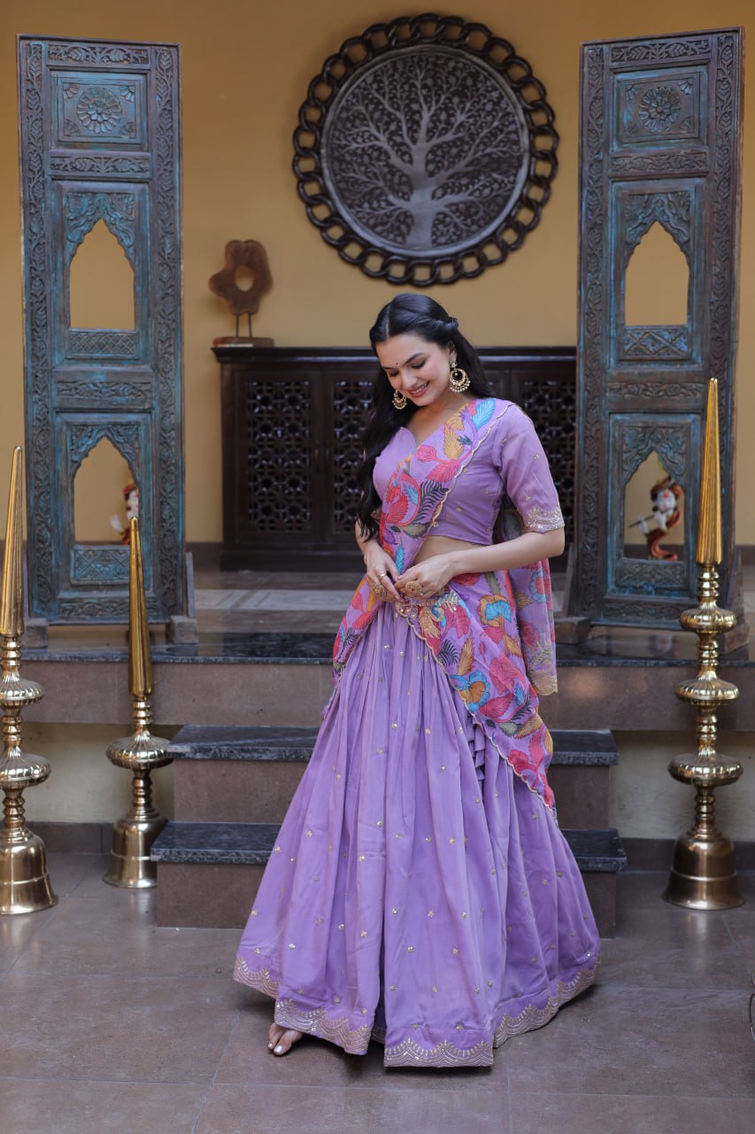 Elegant Lehengha Choli Set with Embroidered Cosmos Silk and Printed Tabby Silk Dupatta