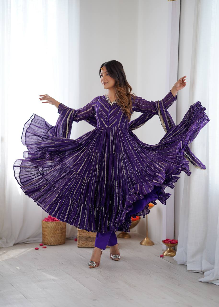 RangBhoomi Women’s Ethnic Ruffle Gown with Mirror Work and Matching Dupatta