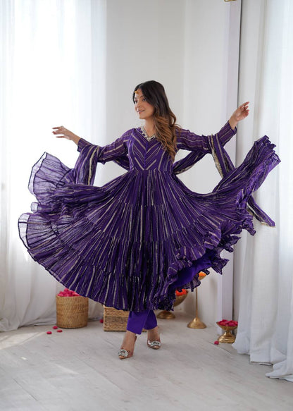 RangBhoomi Women’s Ethnic Ruffle Gown with Mirror Work and Matching Dupatta