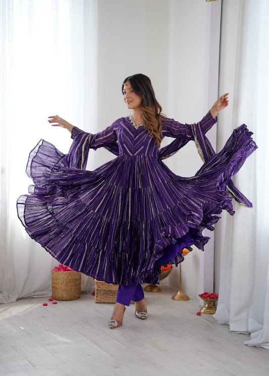 RangBhoomi Women’s Ethnic Ruffle Gown with Mirror Work and Matching Dupatta