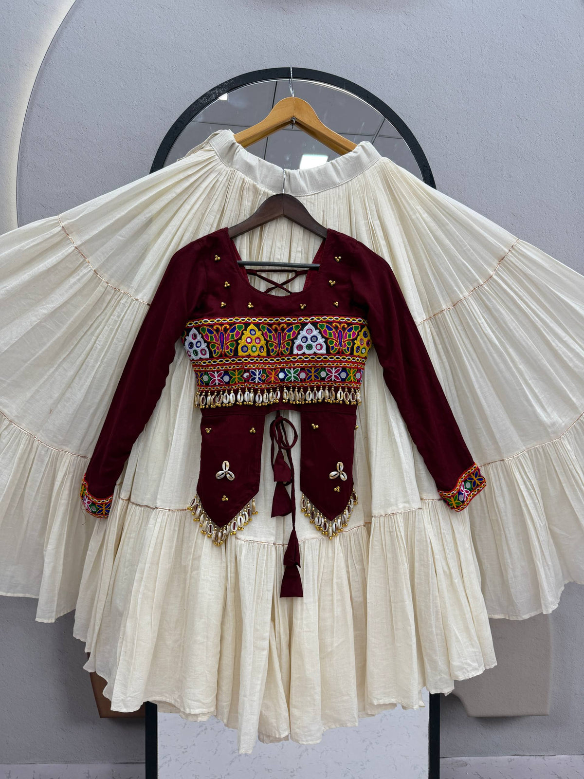 RangBhoomi Navratri Hand-Work 9m Flair Lehenga Choli - Pure Cotton Top & Kora Cotton Skirt